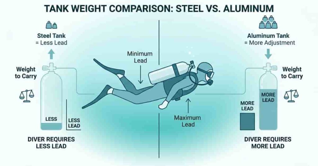 2D infographic showing steel and aluminum scuba tanks affecting diver weighting and buoyancy with simple lead adjustment comparison.