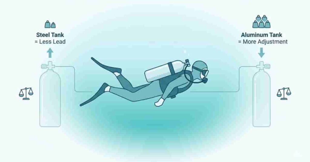 Scuba diver floating neutrally underwater with steel and aluminum tank comparison showing buoyancy and weighting differences