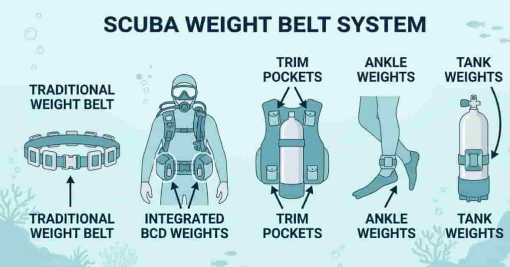 Scuba diving weight systems diagram showing weight belt, integrated weights, trim pockets, ankle weights, and tank weights.