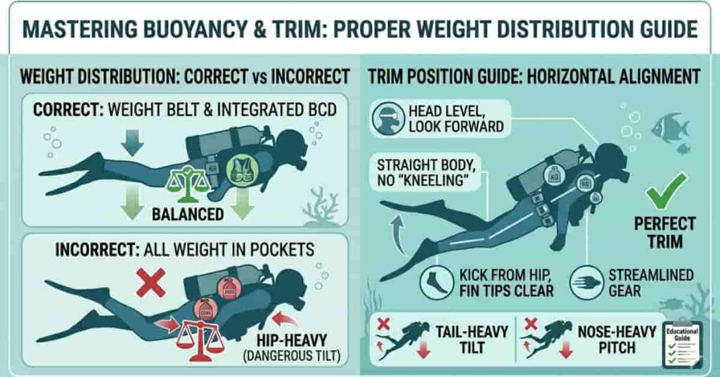 Diagram showing proper weight belt distribution for saltwater and freshwater scuba diving.