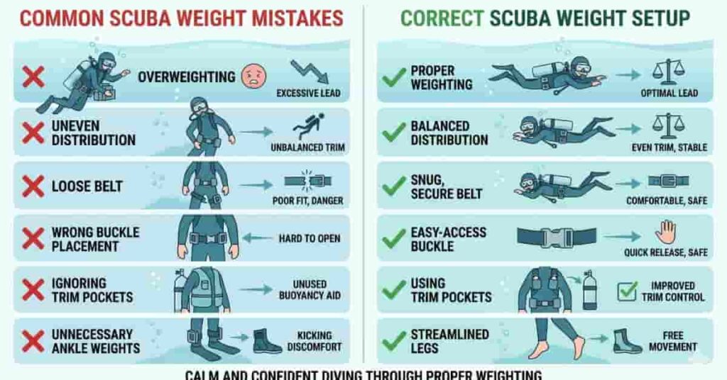 Scuba weight belt mistakes comparison showing incorrect setup versus correct weight distribution and placement.