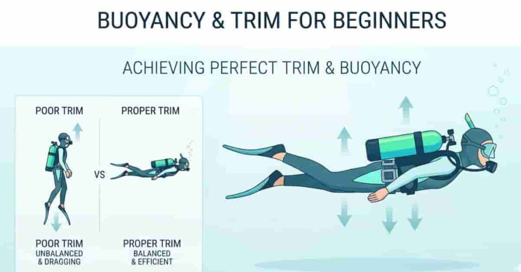 Scuba diver in perfect horizontal trim showing proper scuba weight belt setup and balanced weight distribution for stability and buoyancy control.