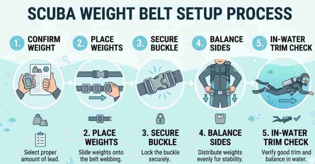 Step-by-step scuba weight belt setup process showing correct weight placement, buckle securing, and trim check underwater.