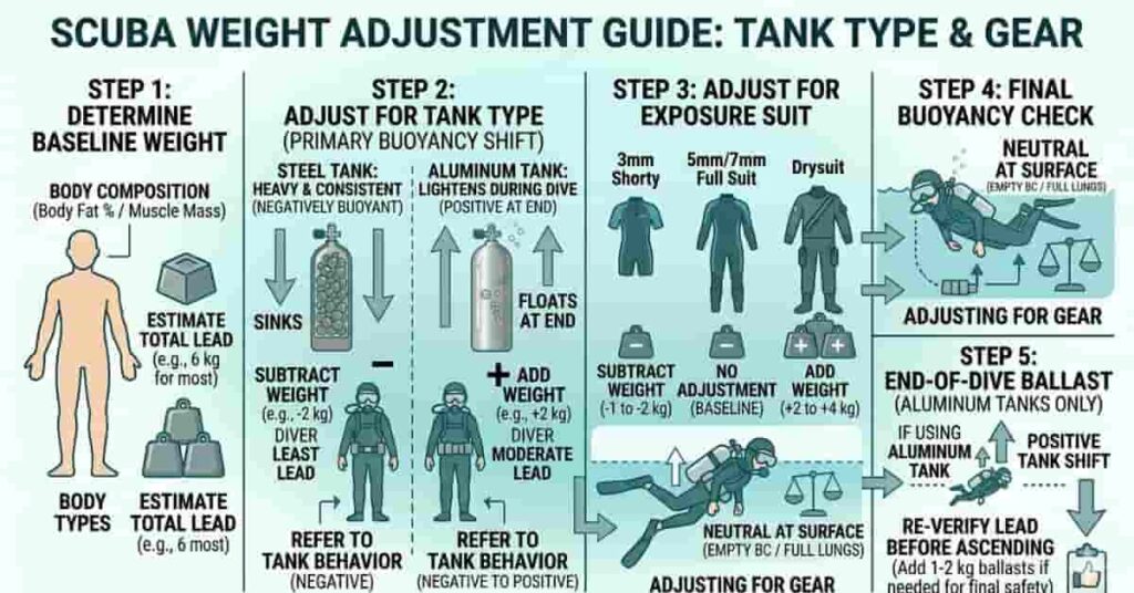 Step-by-step diagram showing how to calculate scuba weight changes based on tank type and buoyancy check.