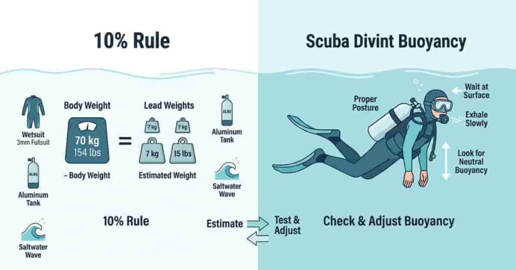 Beginner scuba diver comparing the scuba weight calculator thumb rule with real buoyancy testing underwater