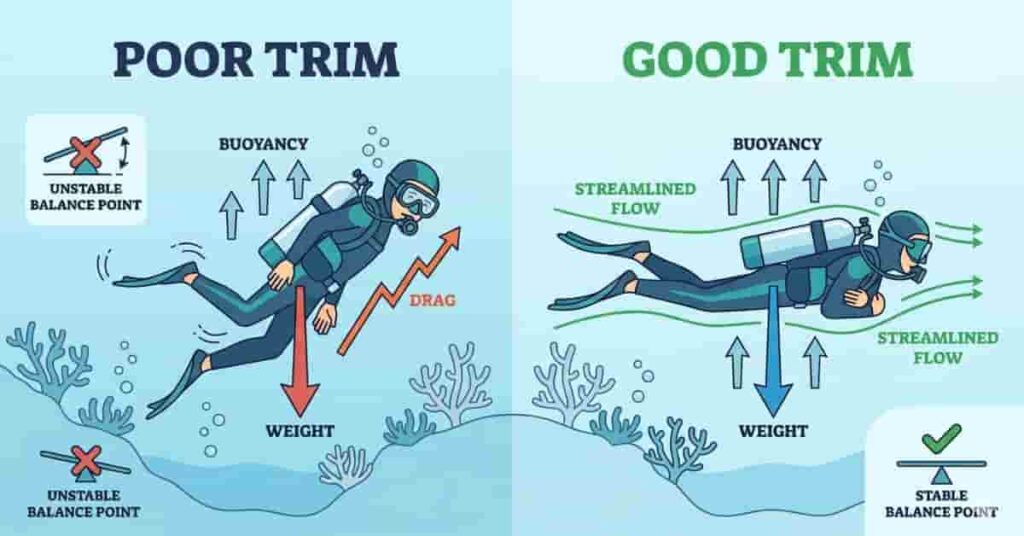Scuba diver comparison showing poor vs proper weight distribution affecting trim, buoyancy, and underwater balance.