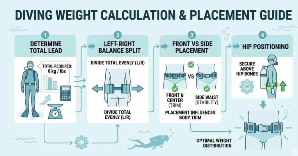Step-by-step scuba weight belt calculation showing how to distribute and position dive weights for balance and trim.