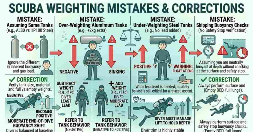 Infographic showing common scuba weighting mistakes when switching between steel and aluminum tanks.