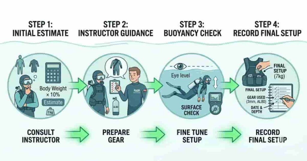 Beginner guide infographic showing safe use of the 10 percent scuba weight rule
