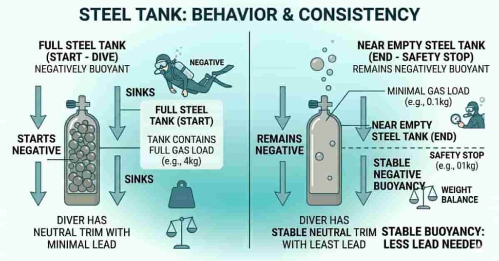 Diagram showing steel scuba tank stable negative buoyancy and reduced lead requirements underwater.