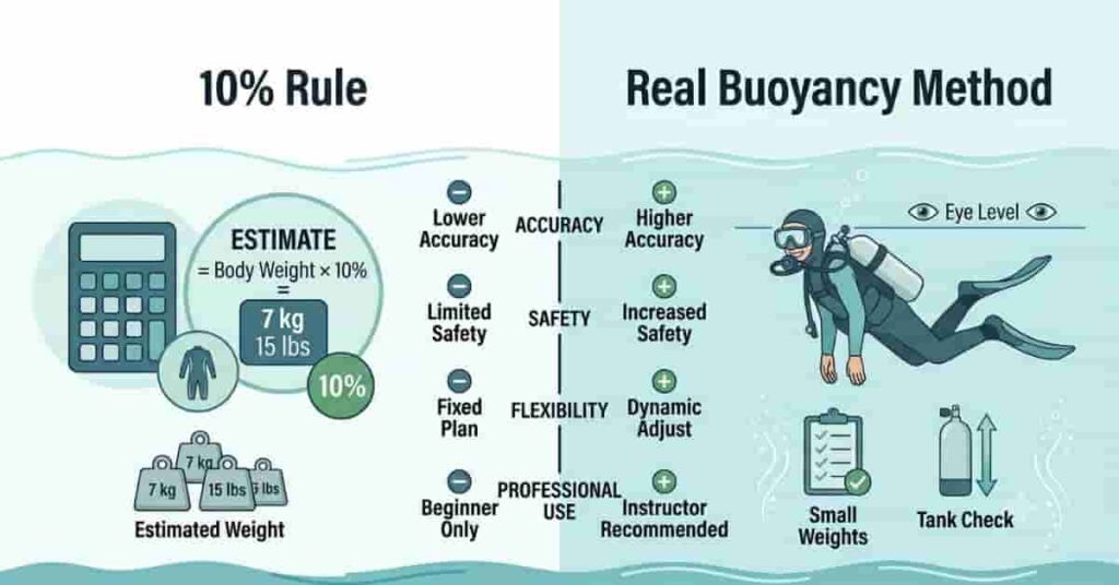 Comparison infographic between the scuba weight thumb rule and real buoyancy testing