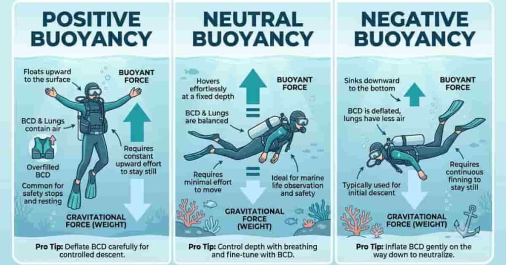 Vector infographic comparing positive, neutral, and negative buoyancy in scuba diving using three beginner-friendly diver illustrations.