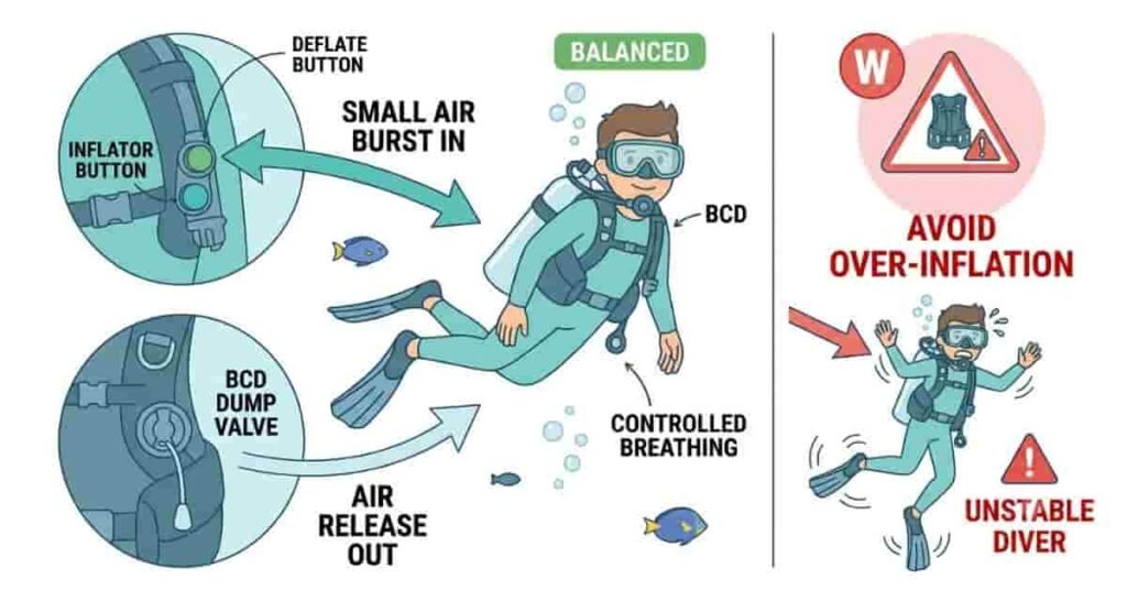2D diagram showing the correct way to use a scuba diving BCD for buoyancy control.