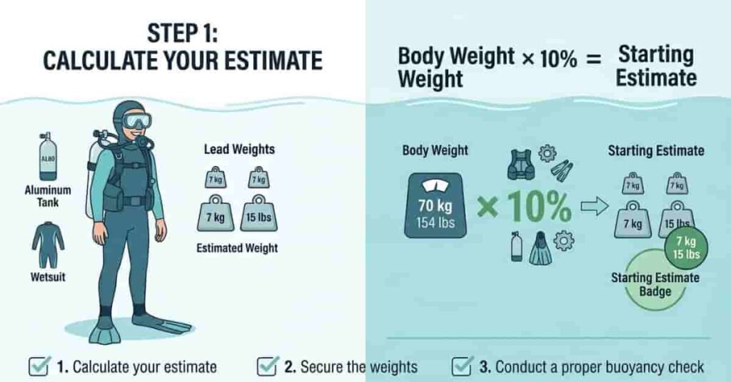 2D infographic explaining the scuba weight thumb rule and 10 percent starting estimate for beginner divers