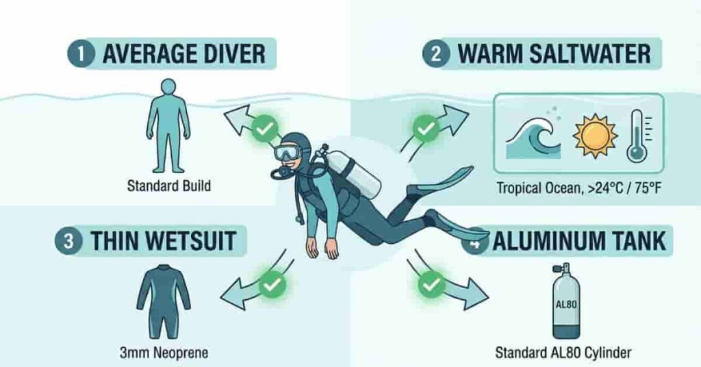 Beginner scuba infographic showing conditions where the 10 percent scuba weight rule works best