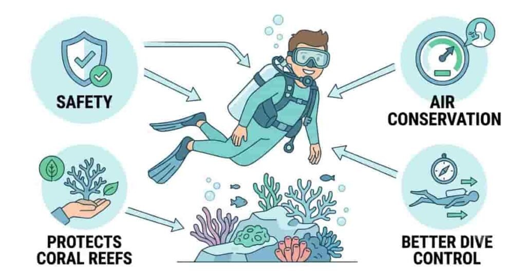 2D infographic showing why buoyancy control is the most important scuba diving skill for beginners.
