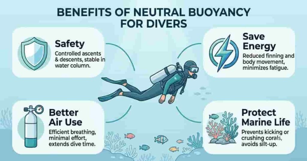 Educational infographic showing why buoyancy is important in scuba diving, including safety, air conservation, marine life protection, and energy efficiency.