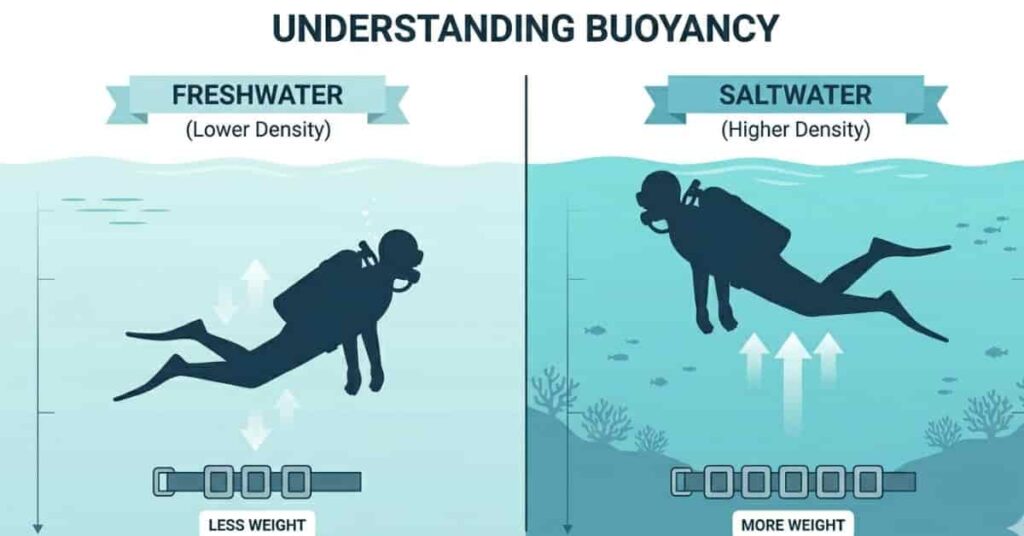 Split diagram showing freshwater vs saltwater buoyancy differences affecting scuba diver weight.