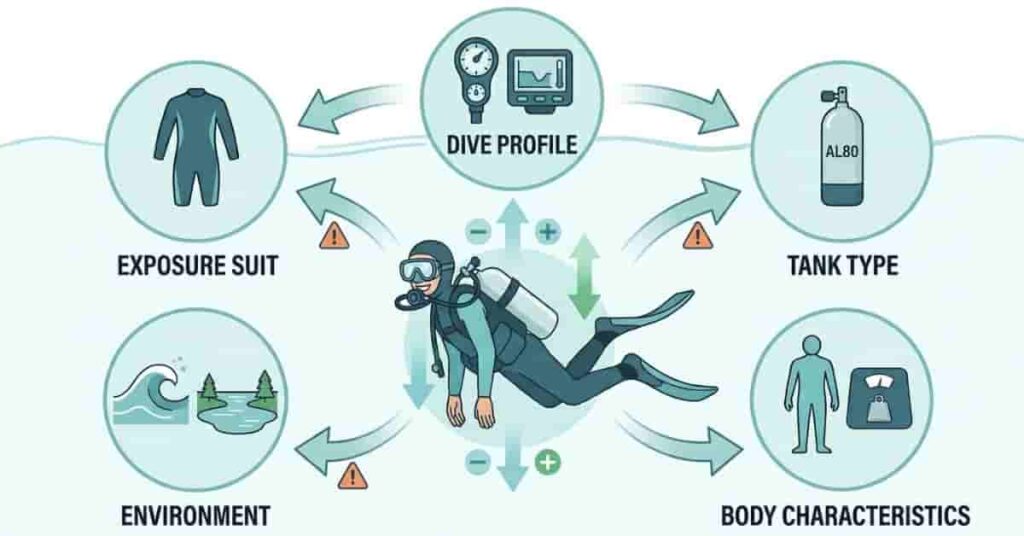 Educational vector showing why the 10 percent scuba weight rule fails in different diving conditions