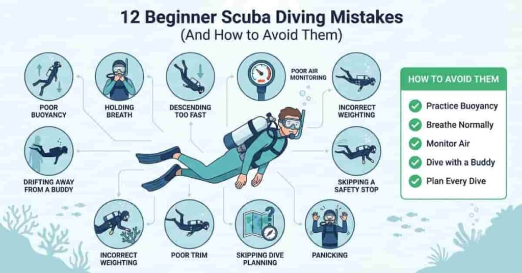 Illustrated infographic showing the 12 beginner scuba diving mistakes and practical tips to avoid them for safer diving.