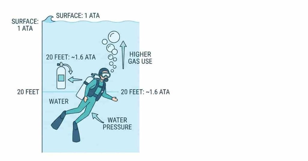 Scuba air consumption at 20 feet showing increased water pressure and gas use