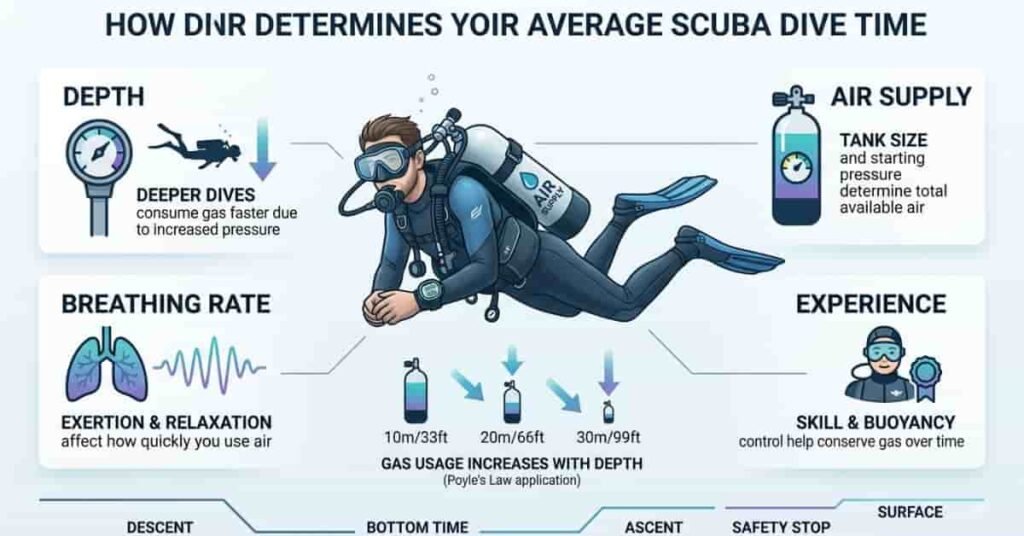 Average scuba dive time factors including depth, air supply, breathing rate, and experience