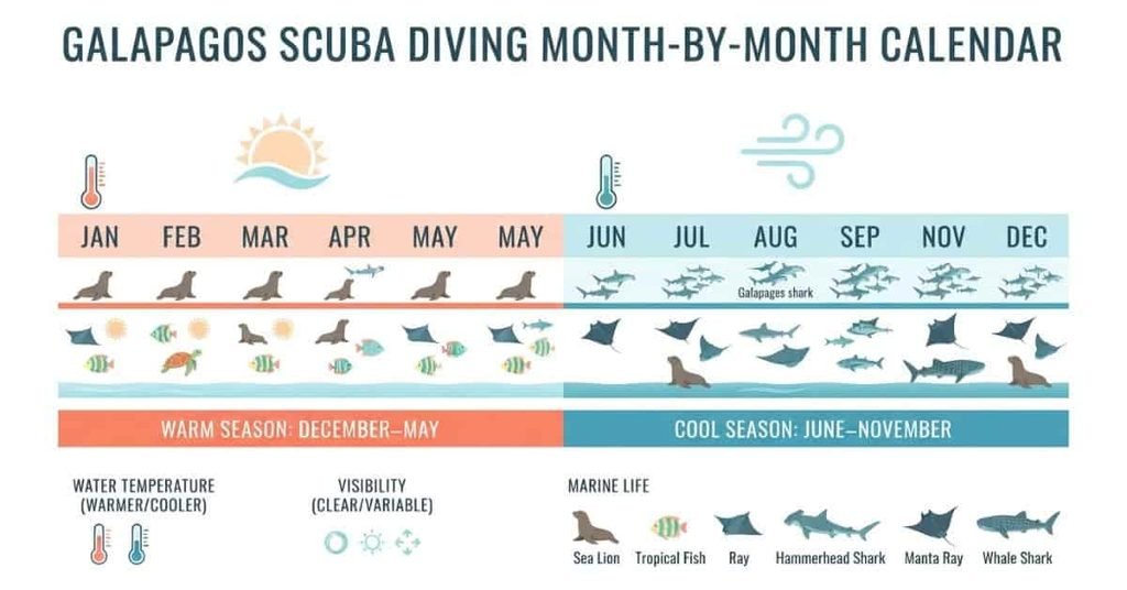 Month-by-month Galapagos scuba diving calendar with seasonal conditions and marine life