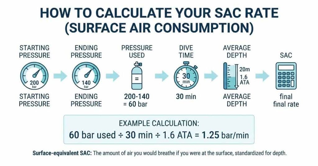 How to calculate scuba diving air consumption using SAC formula and dive data