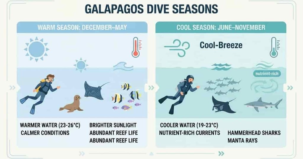 Galapagos scuba diving seasons showing warm and cool season conditions