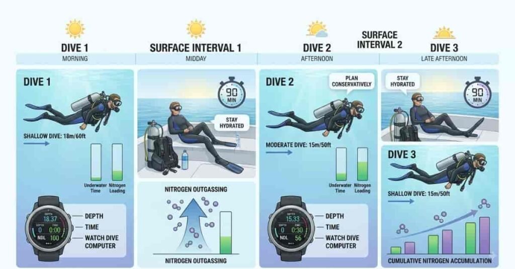 How many times can you scuba dive in one day with surface intervals and dive planning