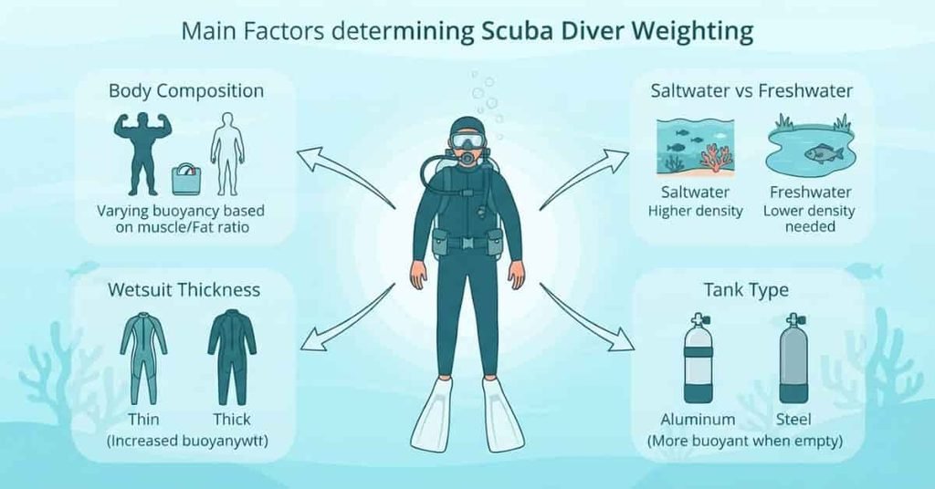 Factors that determine how much weight a beginner needs for scuba diving