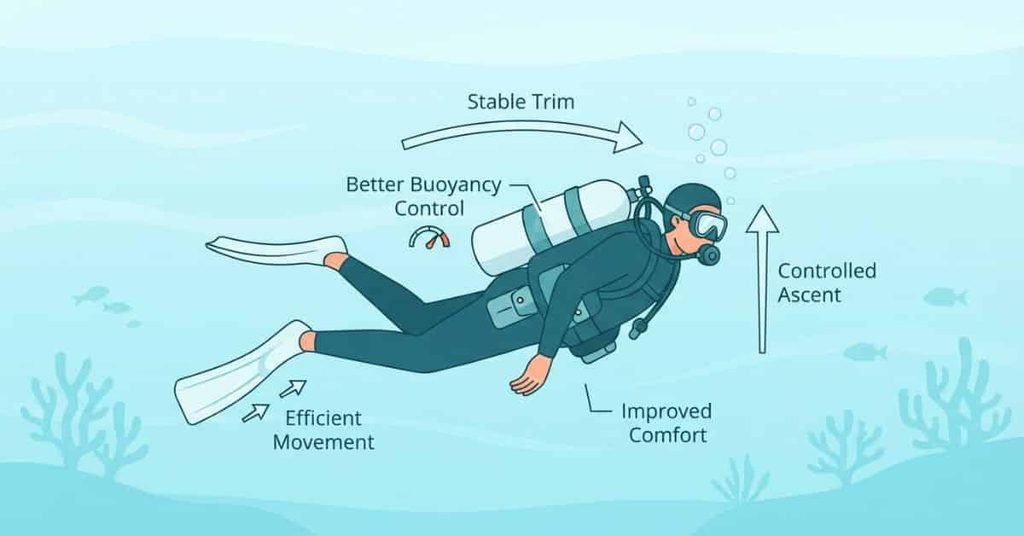 Proper scuba diving weighting improves buoyancy control, trim, comfort, and ascent control