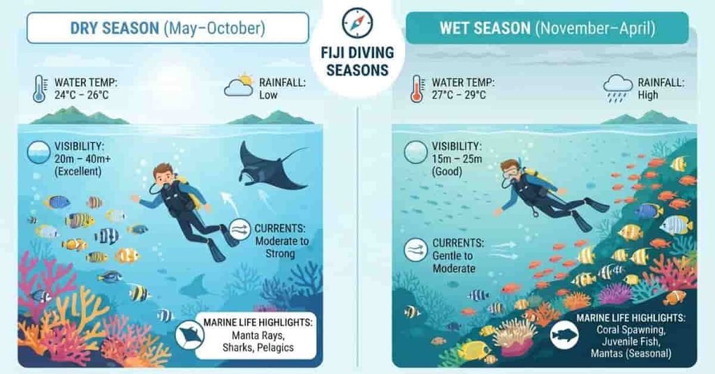 Fiji scuba diving wet and dry seasons showing water conditions, visibility, and marine life