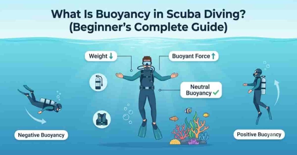 Beginner scuba diver demonstrating neutral buoyancy underwater with positive, neutral, and negative buoyancy labels in a clean educational vector illustration.