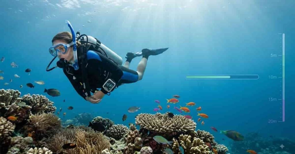 Best time to scuba dive with diver exploring a tropical reef and monitoring dive depth