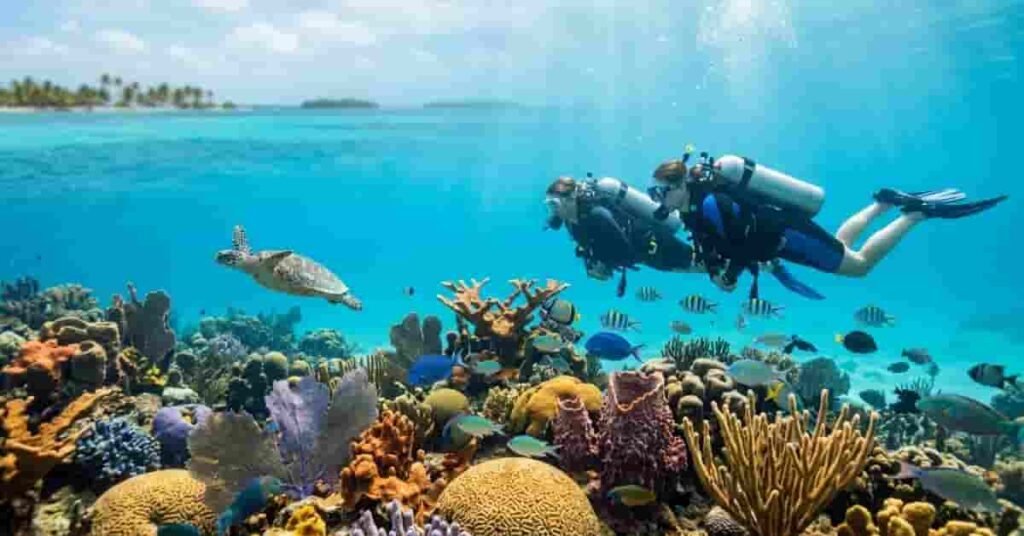 Best time to scuba dive in Belize with divers exploring a tropical coral reef