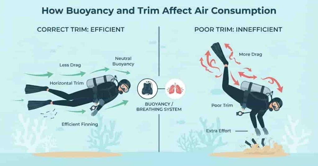 How buoyancy and trim affect scuba diving air consumption