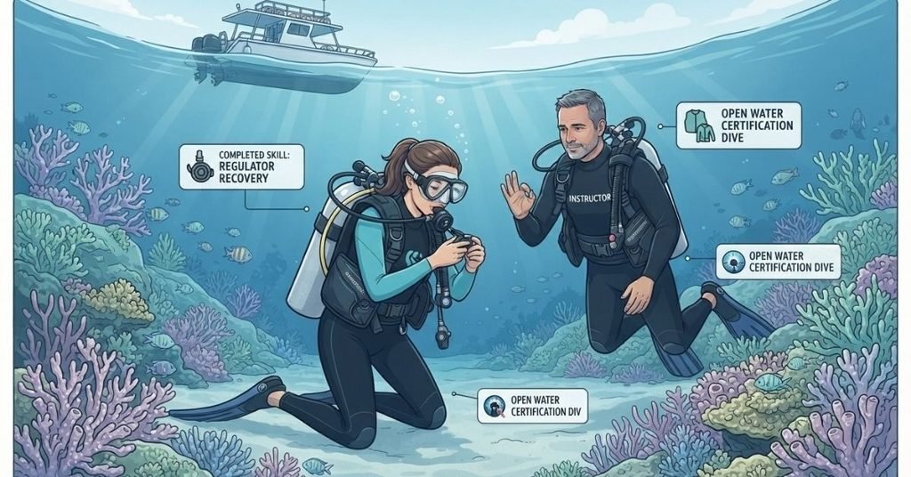 Confined water scuba training pool session with beginner skills