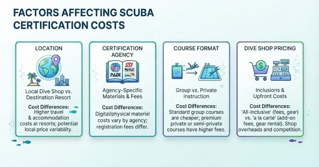 Factors that affect scuba certification cost by location and course format
