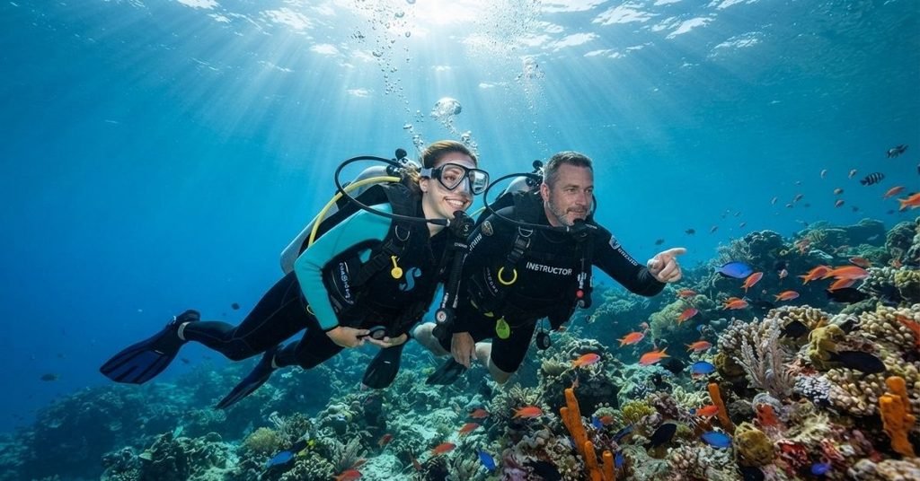 Beginner scuba diver learning certification skills with instructor underwater