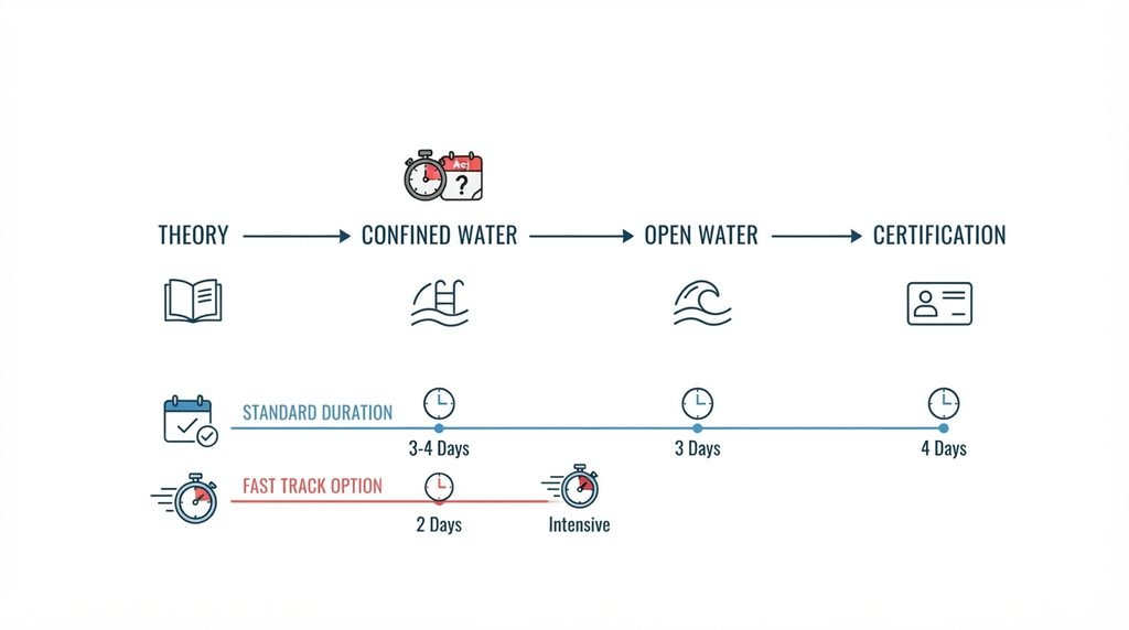 scuba certification timeline showing theory confined water open water and certification