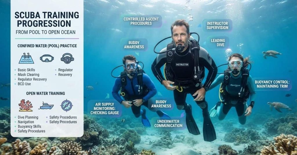 open water scuba diving training instructor buddy system