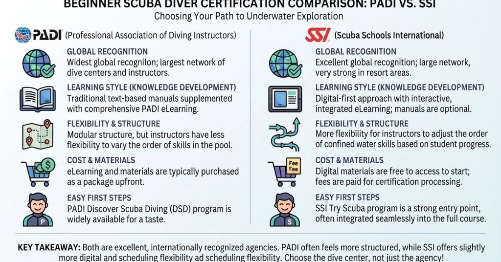 PADI and SSI scuba certification agency comparison for beginners