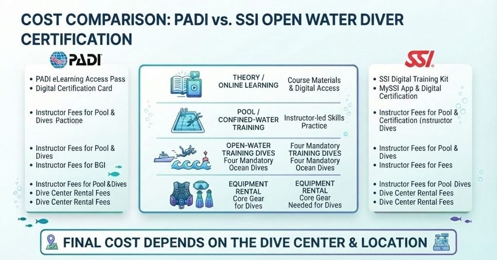PADI vs SSI scuba certification cost comparison