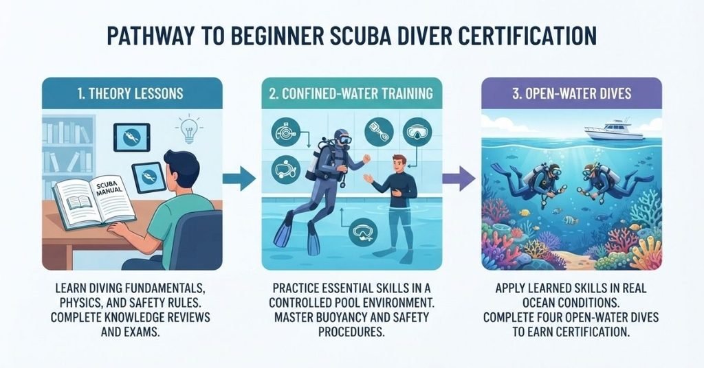 scuba certification components theory pool training and open water dives