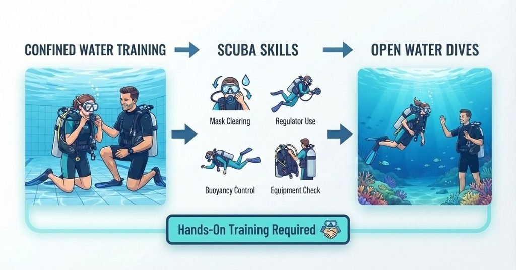 In-water scuba certification pool training and open water dives