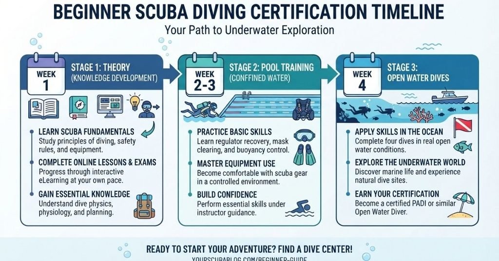 scuba certification timeline showing theory pool and open water training