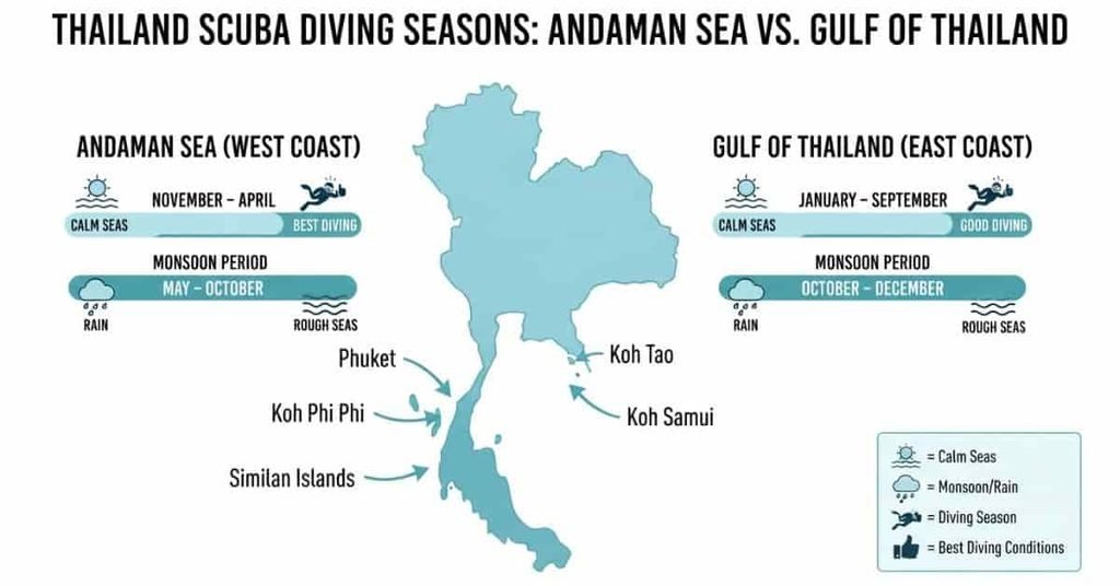 Thailand scuba diving seasons showing Andaman Sea and Gulf of Thailand diving periods