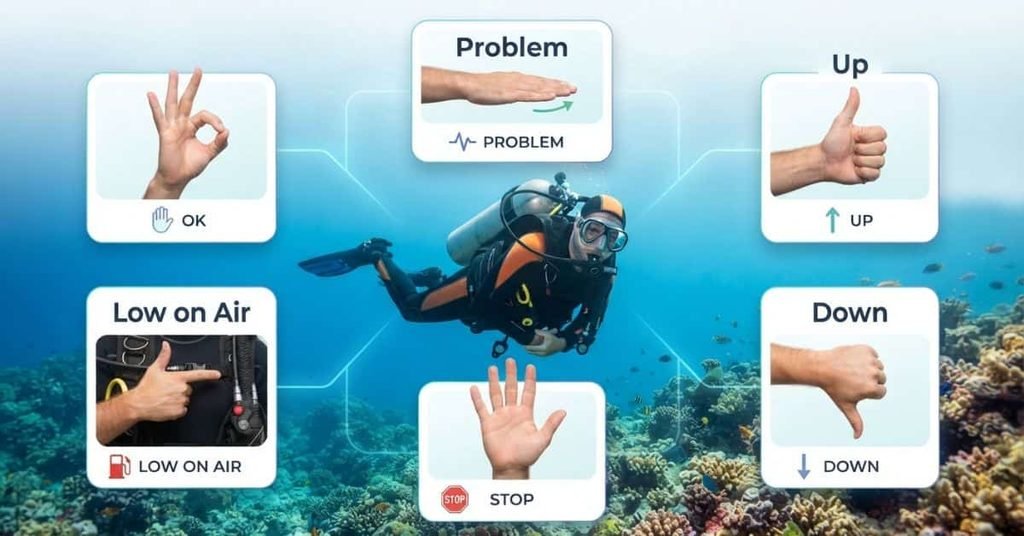 Common scuba diving hand signals including OK, stop, up, down, problem, and low on air
