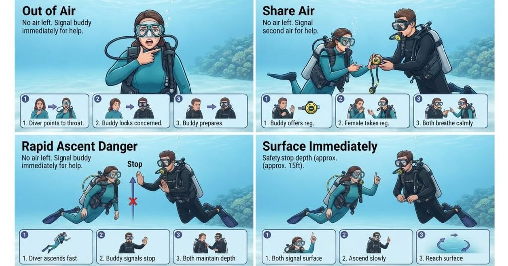 Emergency scuba diving hand signals for out of air, air sharing, and surfacing